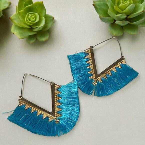 Triangle Blue Fringe Dangle Earrings Gold Tone Boho Style Aztec Design - Picture 1 of 7
